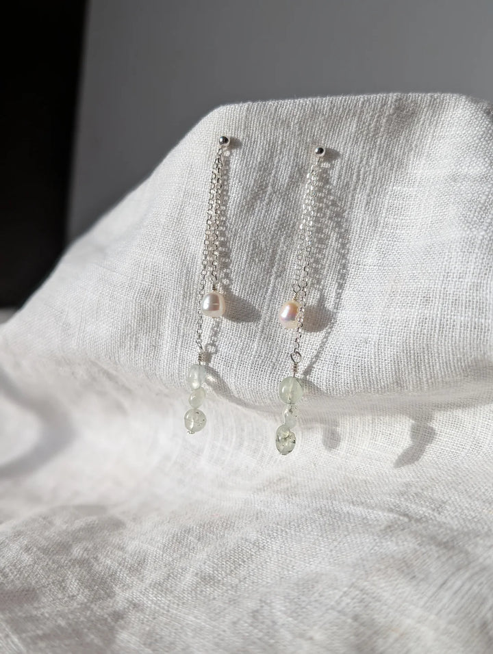 Moss Agate And Pearl Chain Drop Studs Silver