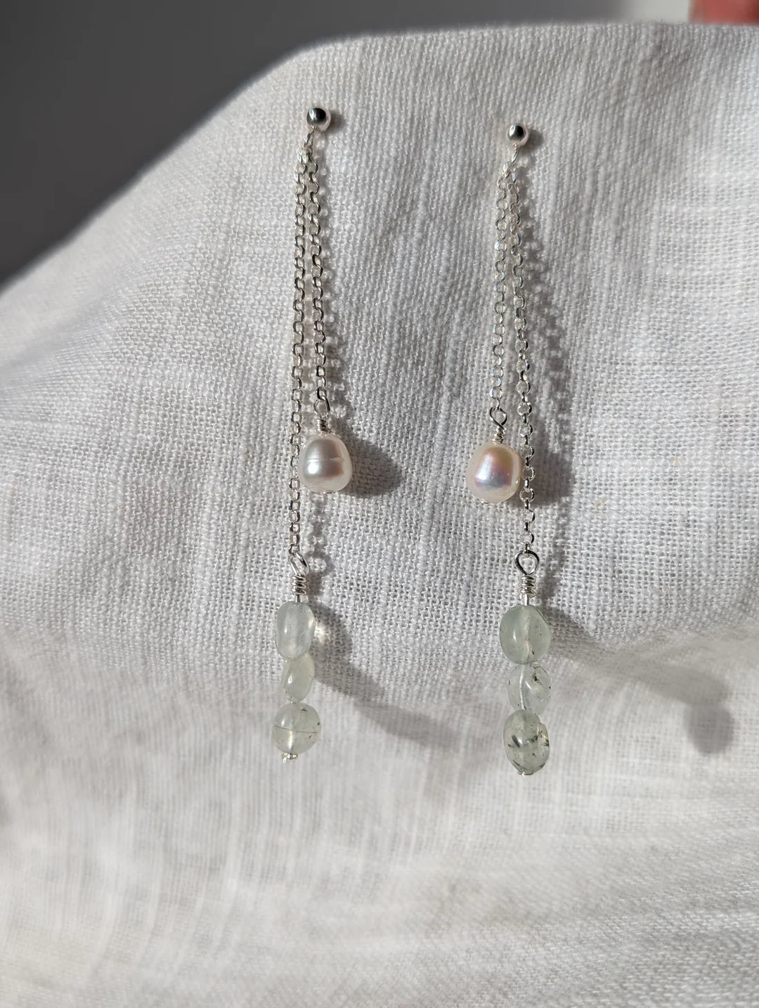 Moss Agate And Pearl Chain Drop Studs Silver
