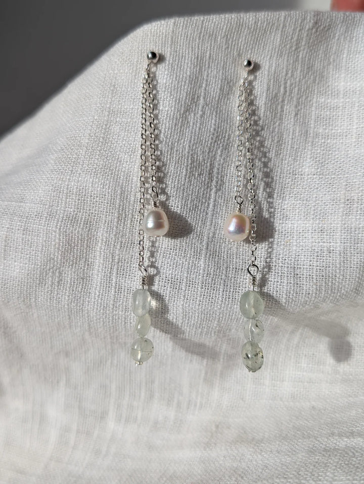 Moss Agate And Pearl Chain Drop Studs Silver
