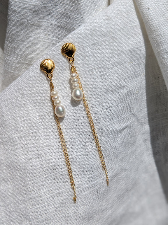 Shell Studs With Pearl Chain Drop in Gold Vermeil