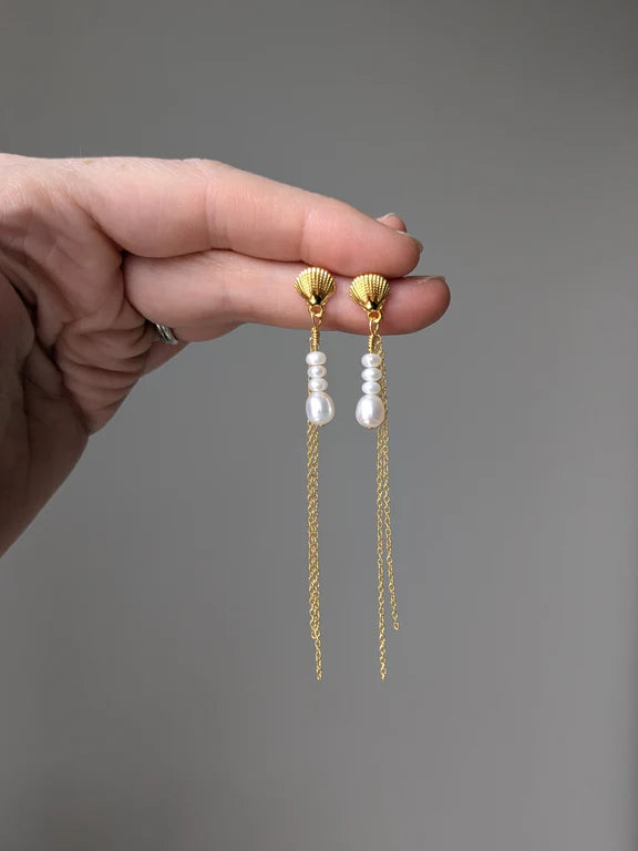 Shell Studs With Pearl Chain Drop in Gold Vermeil