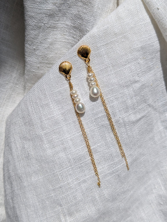 Shell Studs With Pearl Chain Drop in Gold Vermeil