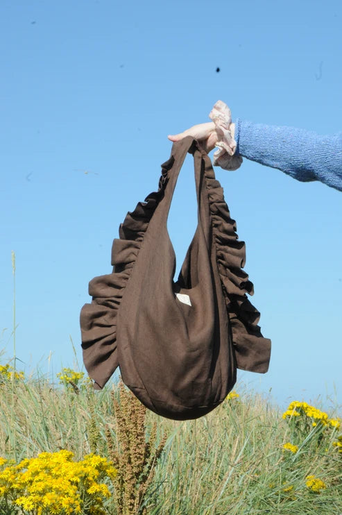 Linen Slouchy Ruffle Bag in Chocolate
